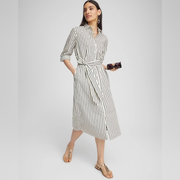 Chico's Black White Stripe Cotton Belted Long Sleeve Midi Shirt Dress LG - Picture 1 of 12